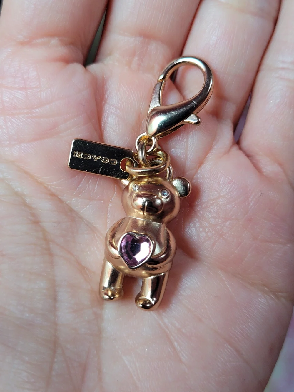 Coach Gold-Tone Bear Charm with Pink Heart Crystal